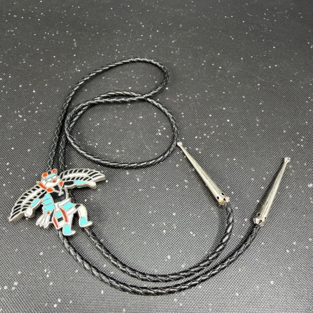 Vintage Thunderbird Kachina Enamel Bolo Tie Black Braided Cord Southwestern VTG‎ - Picture 4 of 7
